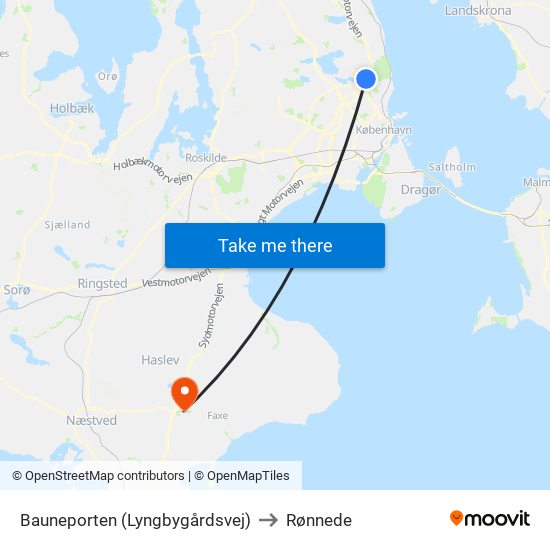 Bauneporten (Lyngbygårdsvej) to Rønnede map