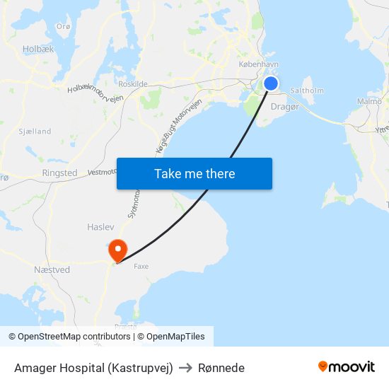 Amager Hospital (Kastrupvej) to Rønnede map