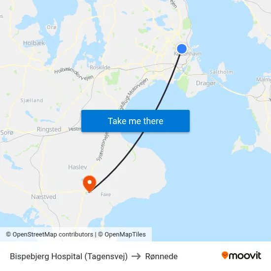 Bispebjerg Hospital (Tagensvej) to Rønnede map