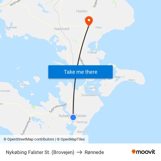 Nykøbing Falster St. (Brovejen) to Rønnede map