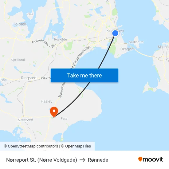 Nørreport St. (Nørre Voldgade) to Rønnede map