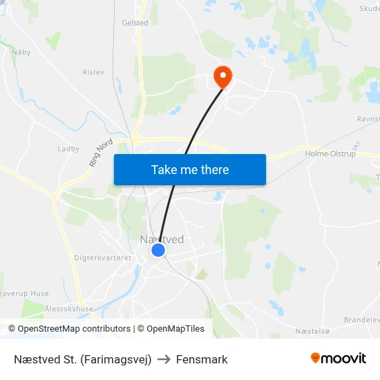 Næstved St. (Farimagsvej) to Fensmark map