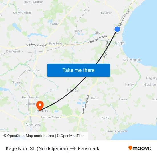 Køge Nord St. (Nordstjernen) to Fensmark map