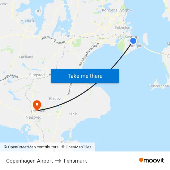Copenhagen Airport to Fensmark map