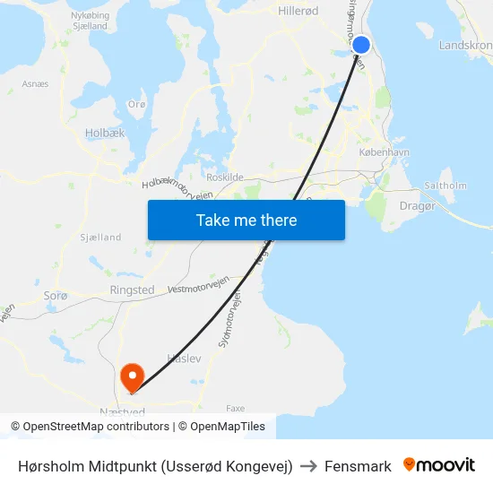 Hørsholm Midtpunkt (Usserød Kongevej) to Fensmark map