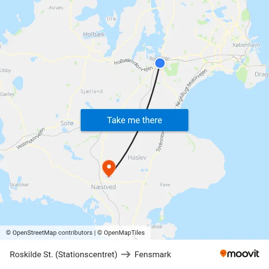 Roskilde St. (Stationscentret) to Fensmark map