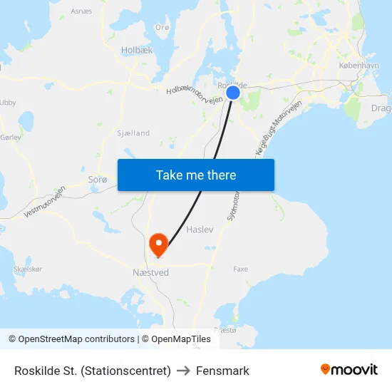 Roskilde St. (Stationscentret) to Fensmark map