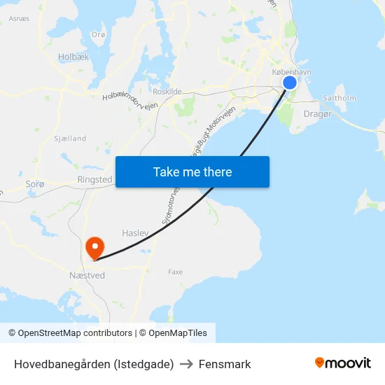 Hovedbanegården (Istedgade) to Fensmark map