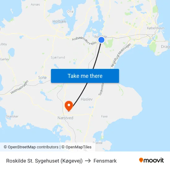 Roskilde St. Sygehuset (Køgevej) to Fensmark map