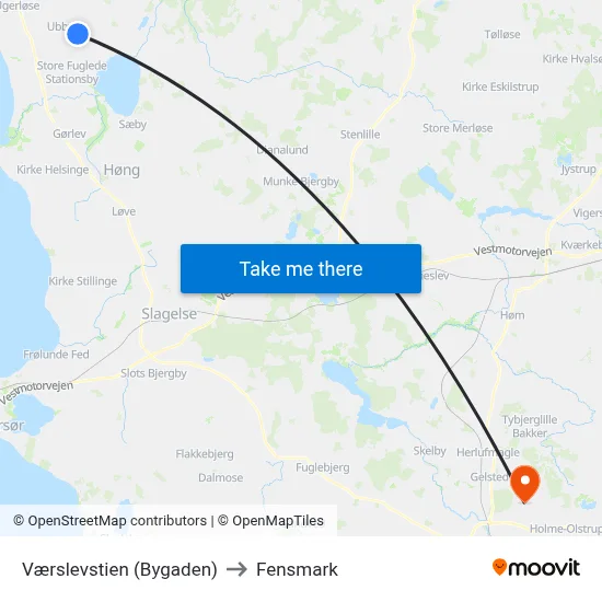 Værslevstien (Bygaden) to Fensmark map