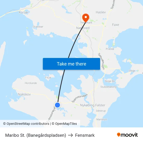 Maribo St. (Banegårdspladsen) to Fensmark map