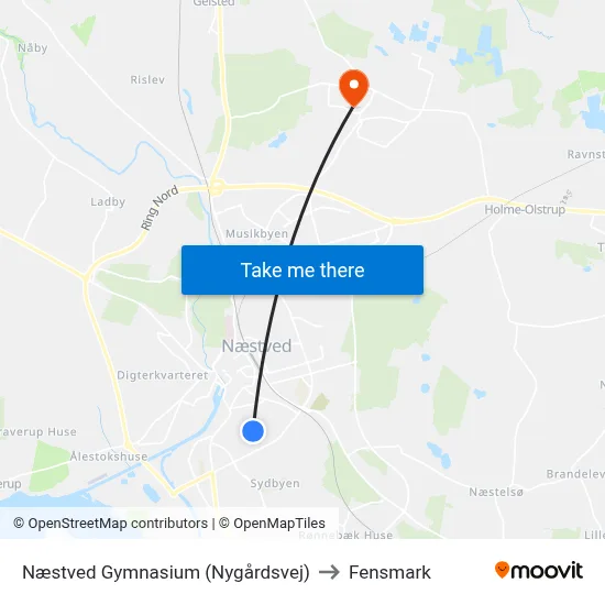 Næstved Gymnasium (Nygårdsvej) to Fensmark map