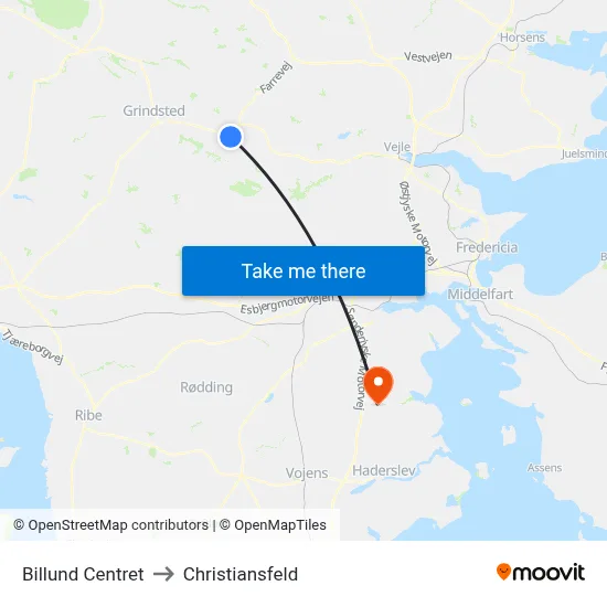 Billund Centret to Christiansfeld map