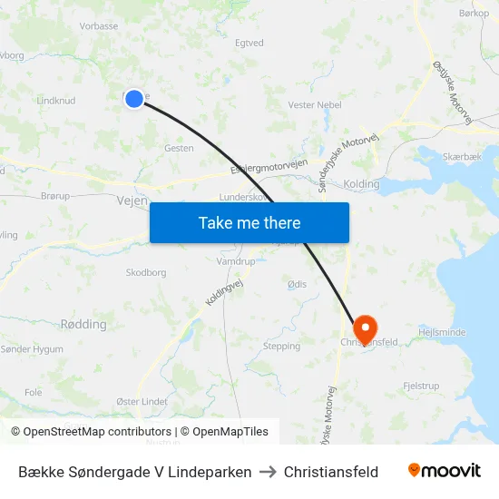 Bække Søndergade V Lindeparken to Christiansfeld map