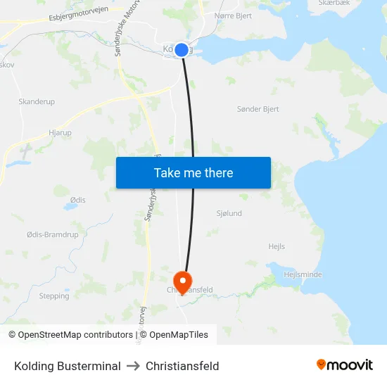 Kolding Busterminal to Christiansfeld map