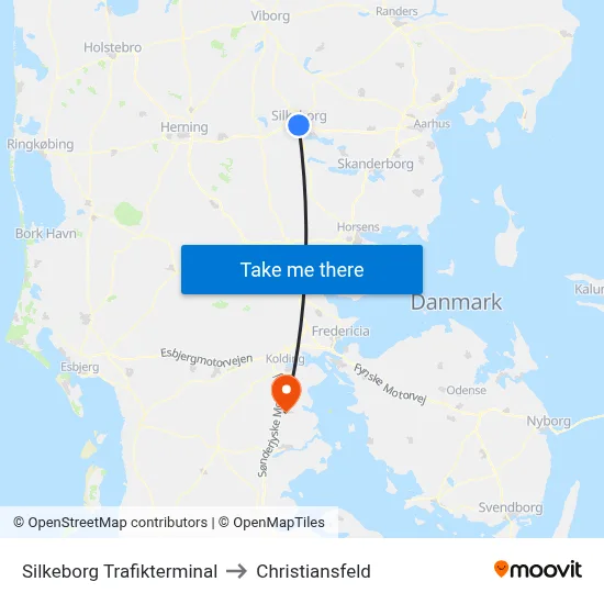 Silkeborg Trafikterminal to Christiansfeld map
