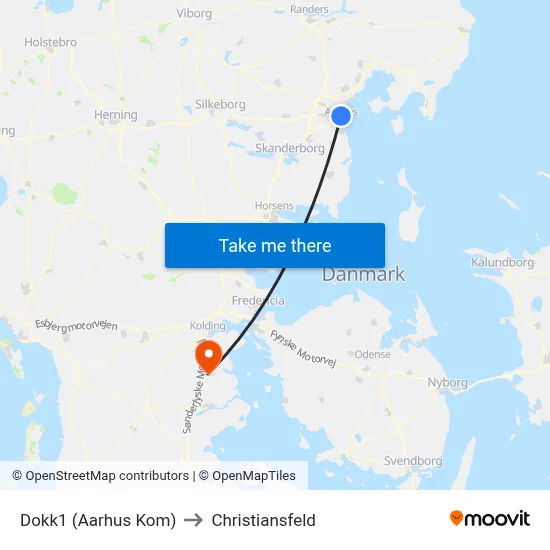 Dokk1 (Aarhus Kom) to Christiansfeld map