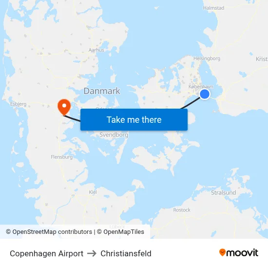 Copenhagen Airport to Christiansfeld map