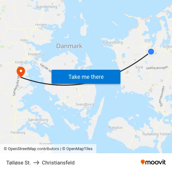 Tølløse St. to Christiansfeld map