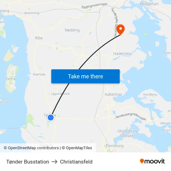 Tønder Busstation to Christiansfeld map