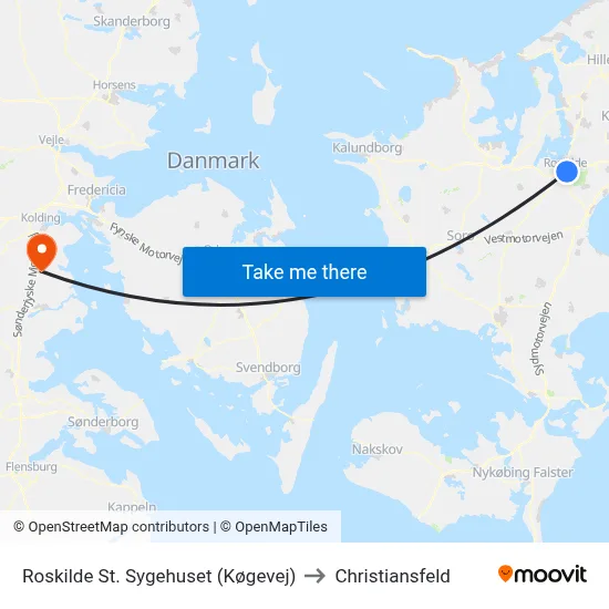 Roskilde St. Sygehuset (Køgevej) to Christiansfeld map