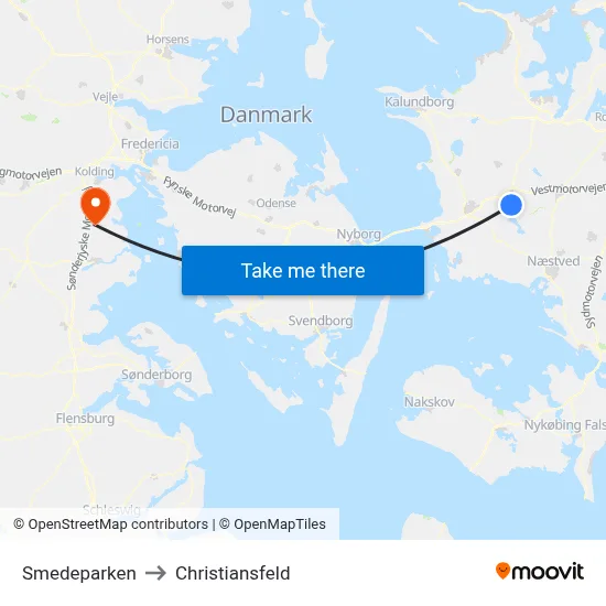 Smedeparken to Christiansfeld map