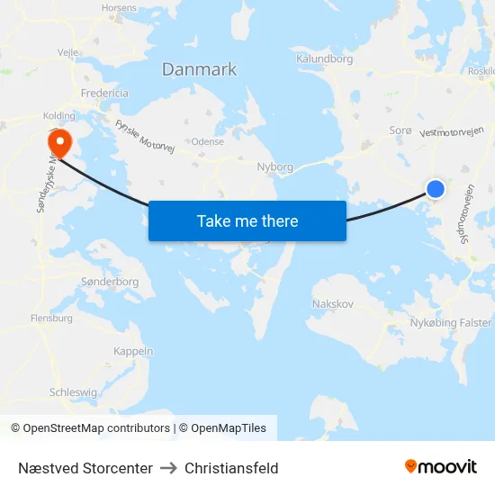 Næstved Storcenter to Christiansfeld map