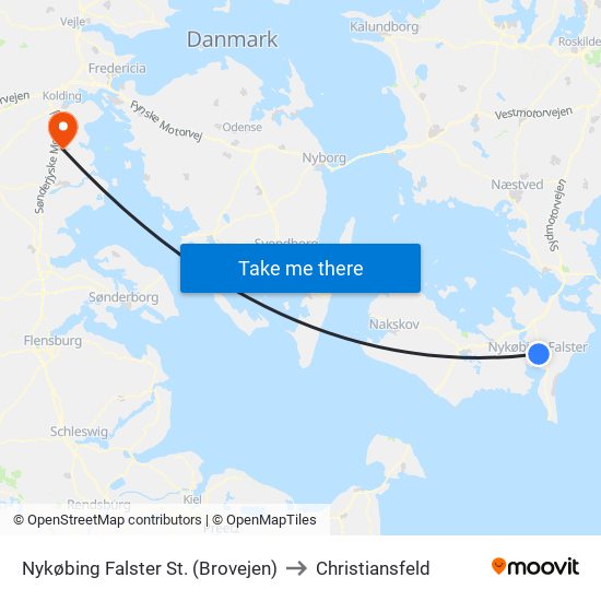 Nykøbing Falster St. (Brovejen) to Christiansfeld map