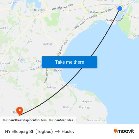 NY Ellebjerg St. (Togbus) to Haslev map