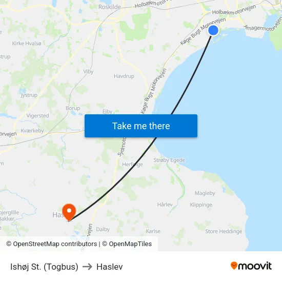 Ishøj St. (Togbus) to Haslev map