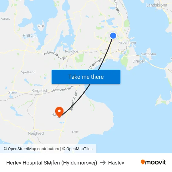 Herlev Hospital Sløjfen (Hyldemorsvej) to Haslev map