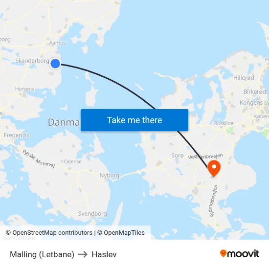 Malling (Letbane) to Haslev map