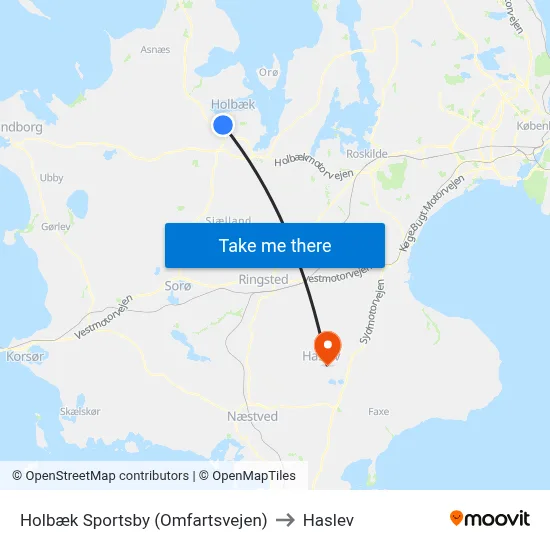 Holbæk Sportsby (Omfartsvejen) to Haslev map