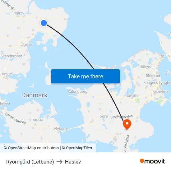 Ryomgård (Letbane) to Haslev map