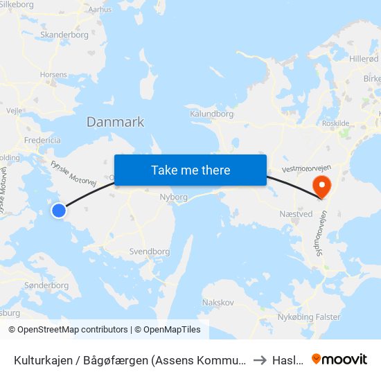 Kulturkajen / Bågøfærgen (Assens Kommune) to Haslev map