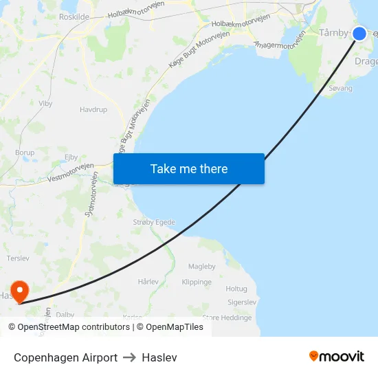 Copenhagen Airport to Haslev map