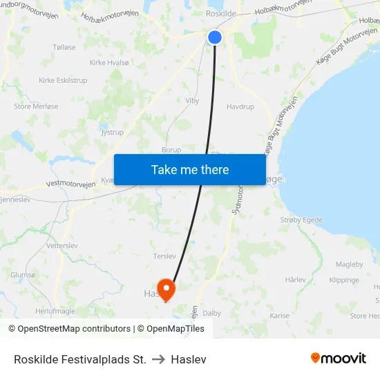 Roskilde Festivalplads St. to Haslev map