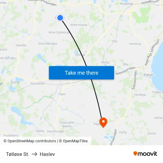 Tølløse St. to Haslev map