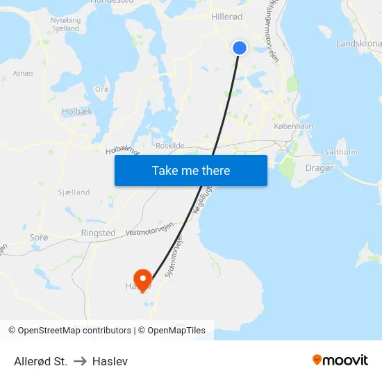 Allerød St. to Haslev map