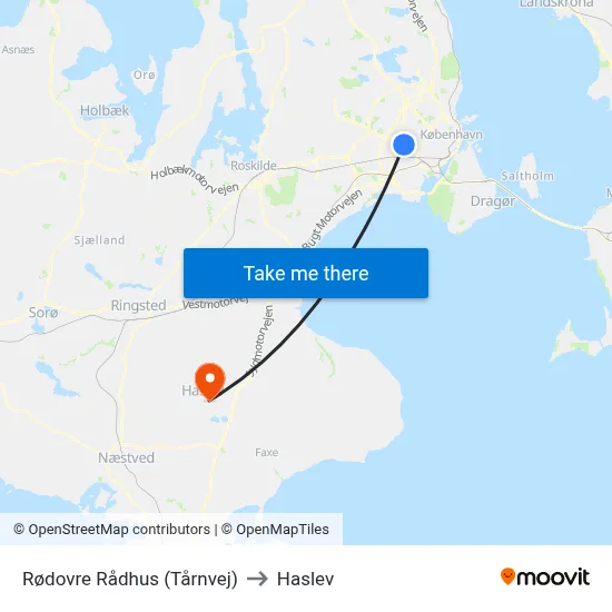 Rødovre Rådhus (Tårnvej) to Haslev map