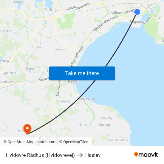 Hvidovre Rådhus (Hvidovrevej) to Haslev map