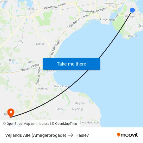 Vejlands Allé (Amagerbrogade) to Haslev map