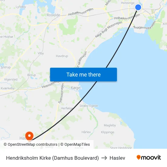 Hendriksholm Kirke (Damhus Boulevard) to Haslev map