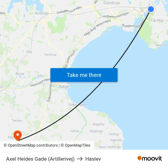 Axel Heides Gade (Artillerivej) to Haslev map