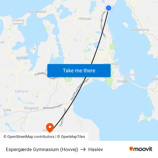 Espergærde Gymnasium (Hovvej) to Haslev map