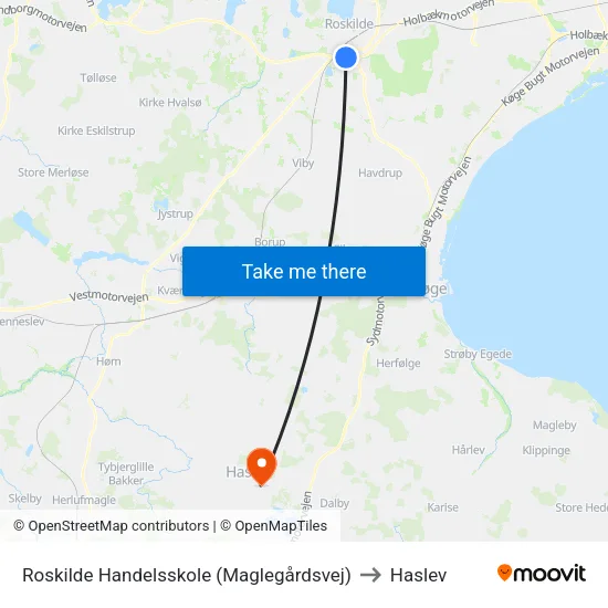 Roskilde Handelsskole (Maglegårdsvej) to Haslev map