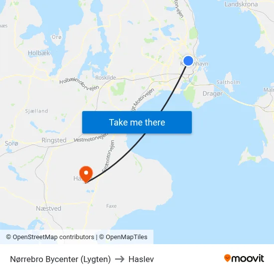 Nørrebro Bycenter (Lygten) to Haslev map