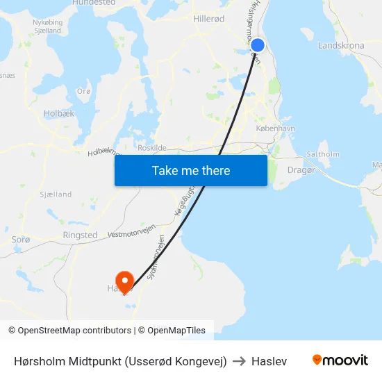 Hørsholm Midtpunkt (Usserød Kongevej) to Haslev map