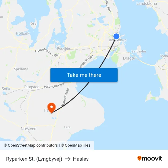 Ryparken St. (Lyngbyvej) to Haslev map
