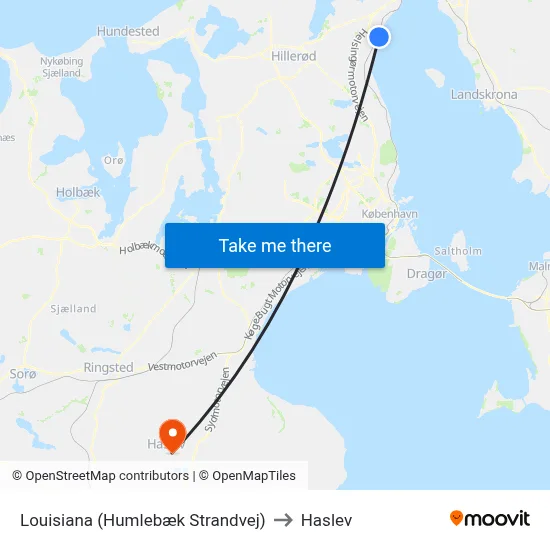 Louisiana (Humlebæk Strandvej) to Haslev map